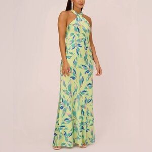 NWT Aidan by Adrianna Papell Halter Neck Satin Maxi Dress Green/Multi